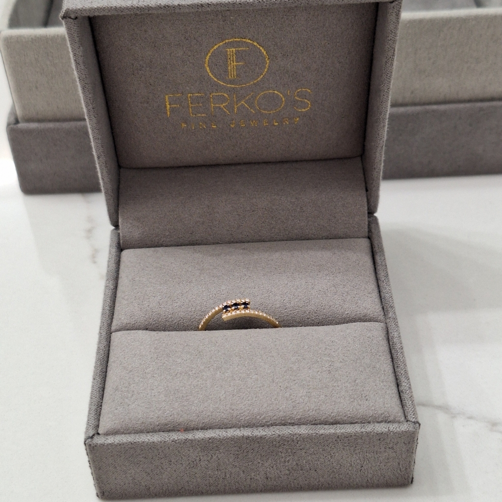 Ferkos 14k Cross Over Diamond Ring with Round Blue Sapphires - Picture 9 of 12